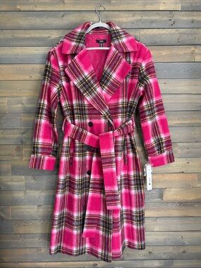 New AQUA Plaid Belted Duster Trench Coat Pink Multi - Size M